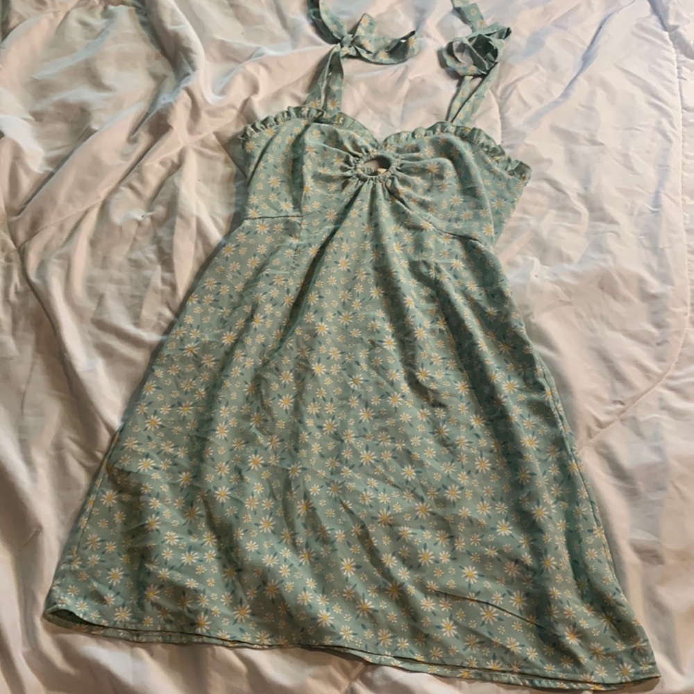 Daisy Print Blue Dress with Bow Straps